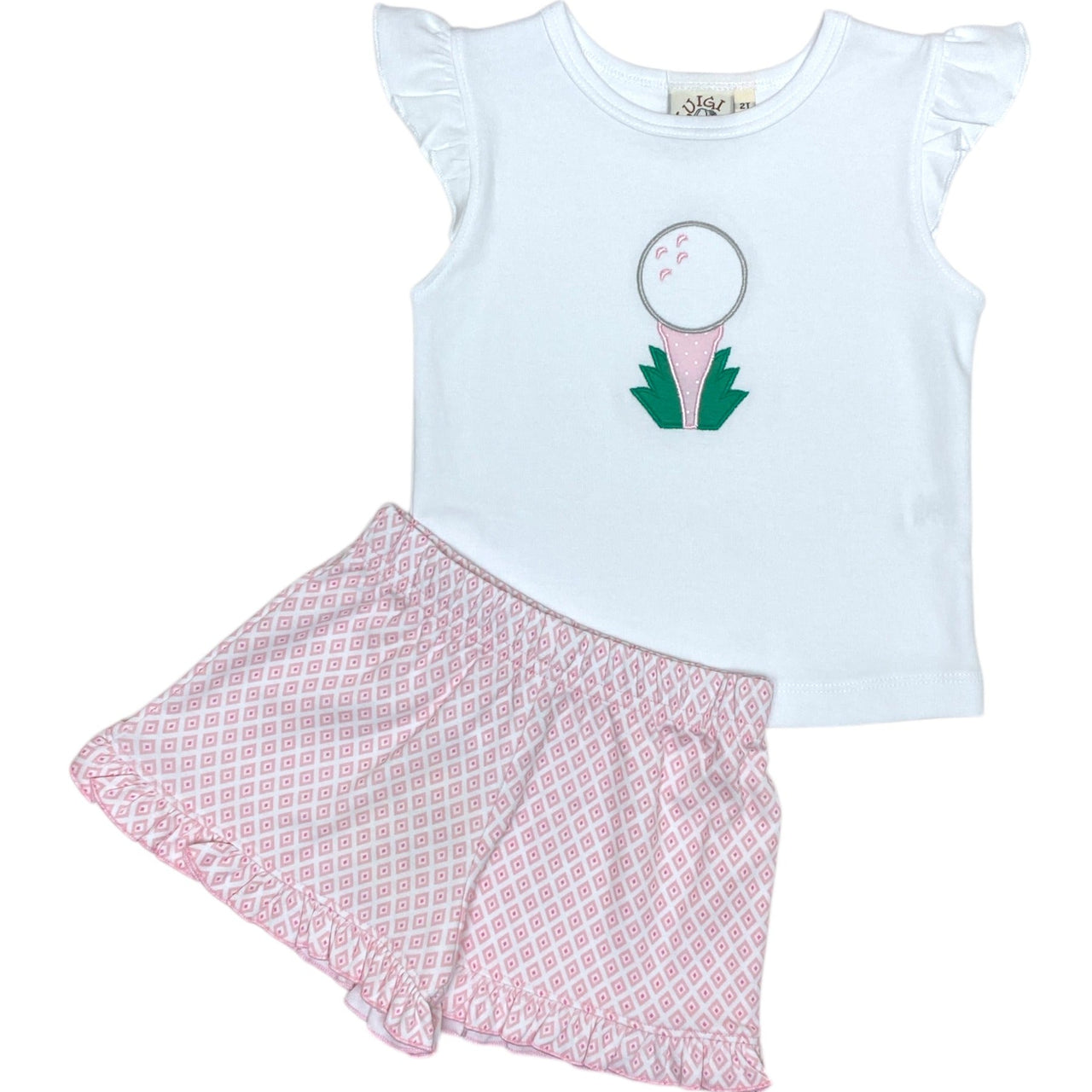 Luigi Girl Flutter Sleeve Top Golf Tee In Grass & Wh/Lt Pink Diamond Print Shorts 5201