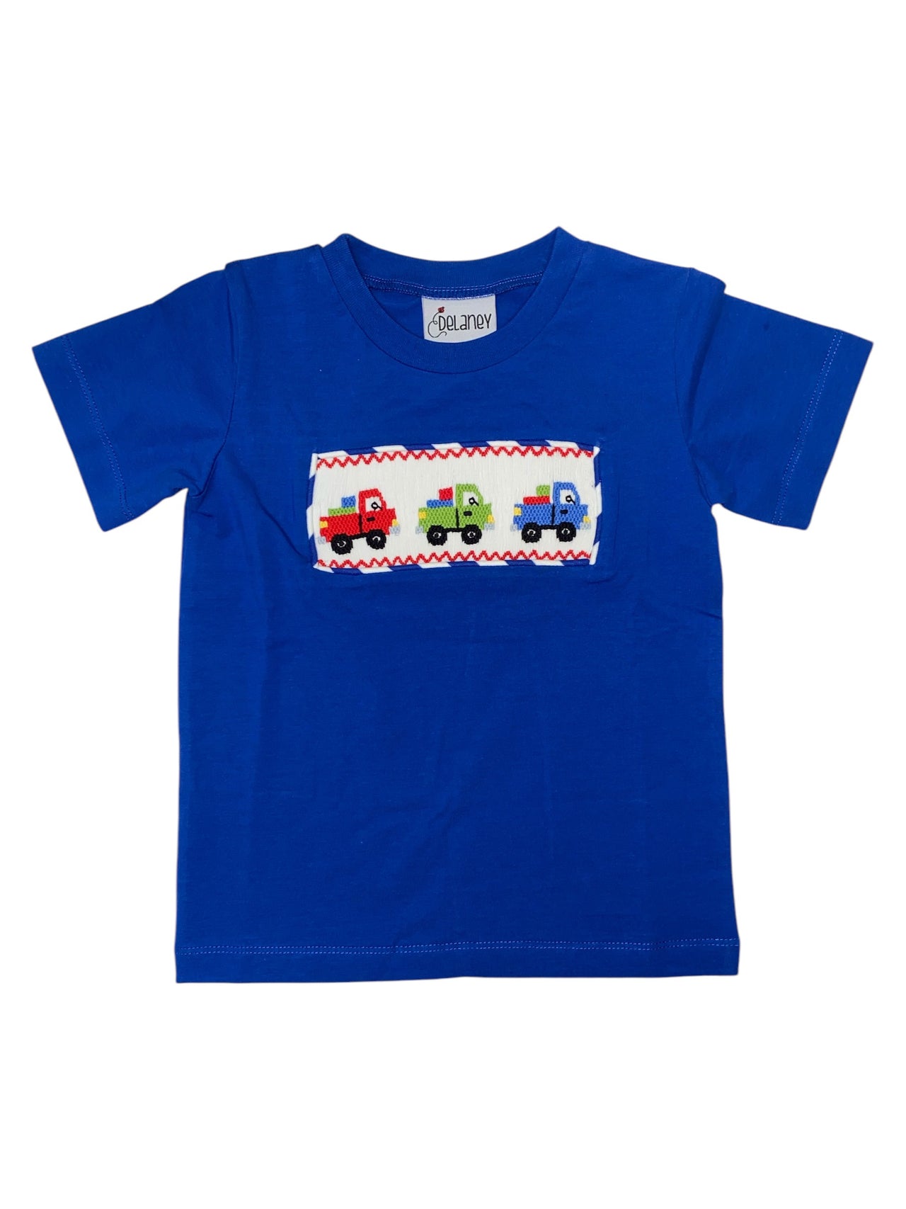 Delaney Boys Blue Knit SS Smocked Primary Color Trucks on T-Shirt DELS25-69 5201