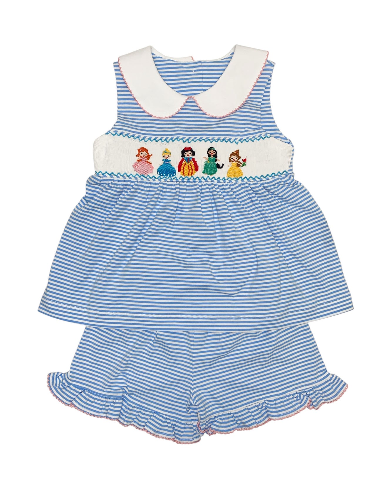 Delaney Girls Blue & White Mini Stripe Smocked Princess Sleeveless Top/Short Set DELS25-105 5201