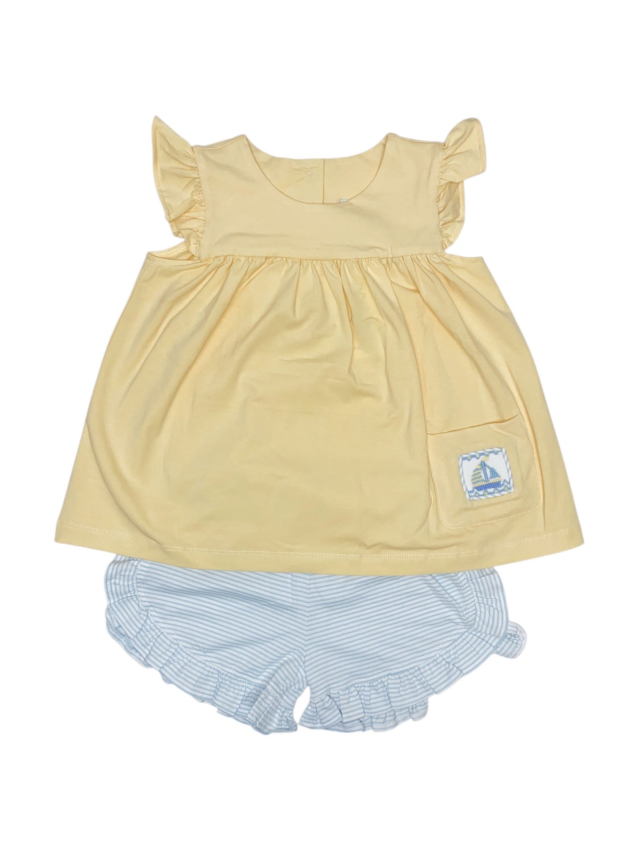 Delaney Girls Yellow Knit Sailboats AW Top/Blue mini Stripe Short Set DELS25-168 5201