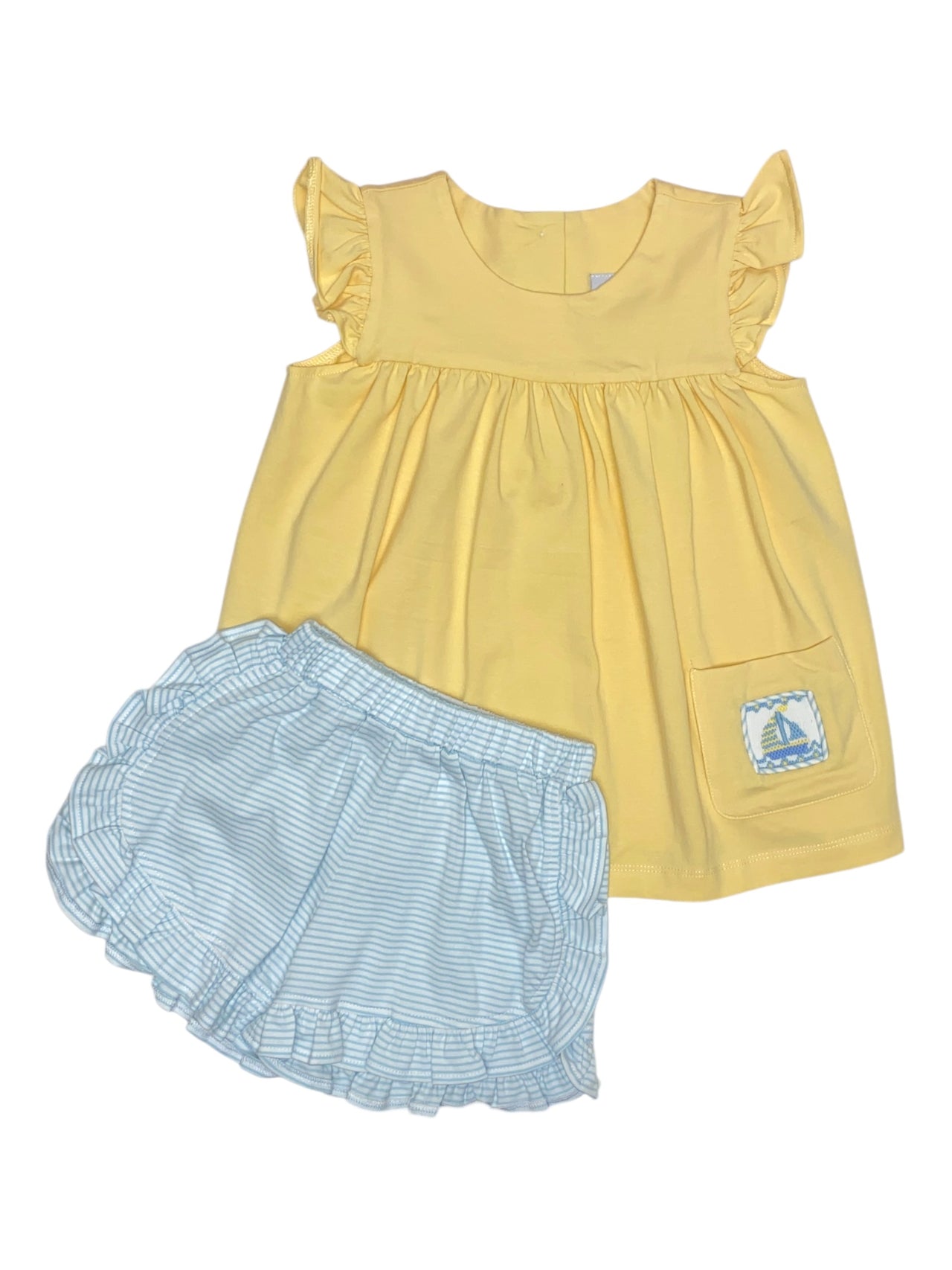 Delaney Girls Yellow Knit Sailboats AW Top/Blue mini Stripe Short Set DELS25-168 5201