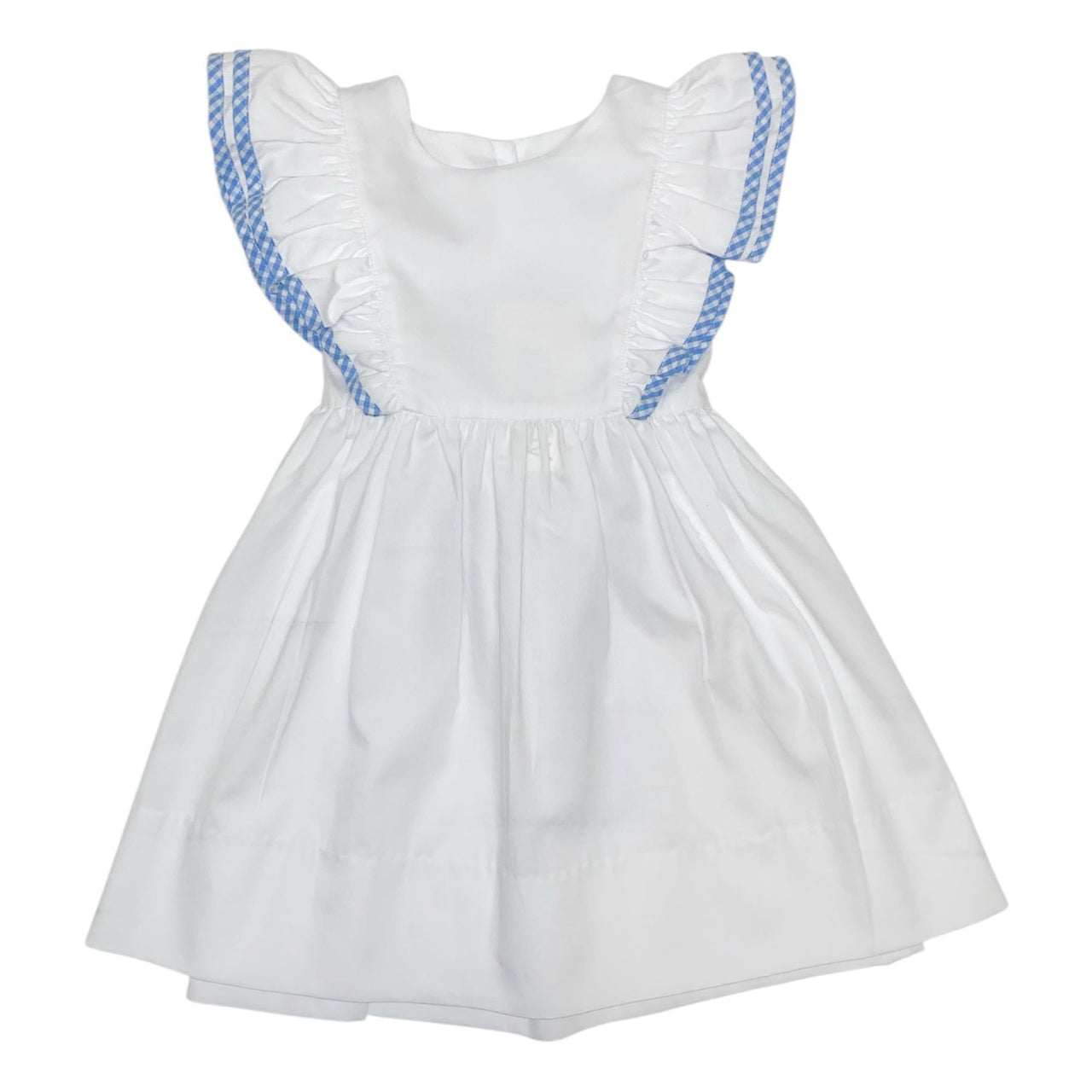 Delaney Girls White Pique Apron Ruffle Dress Accented in Blue Check DELS25-176 5201