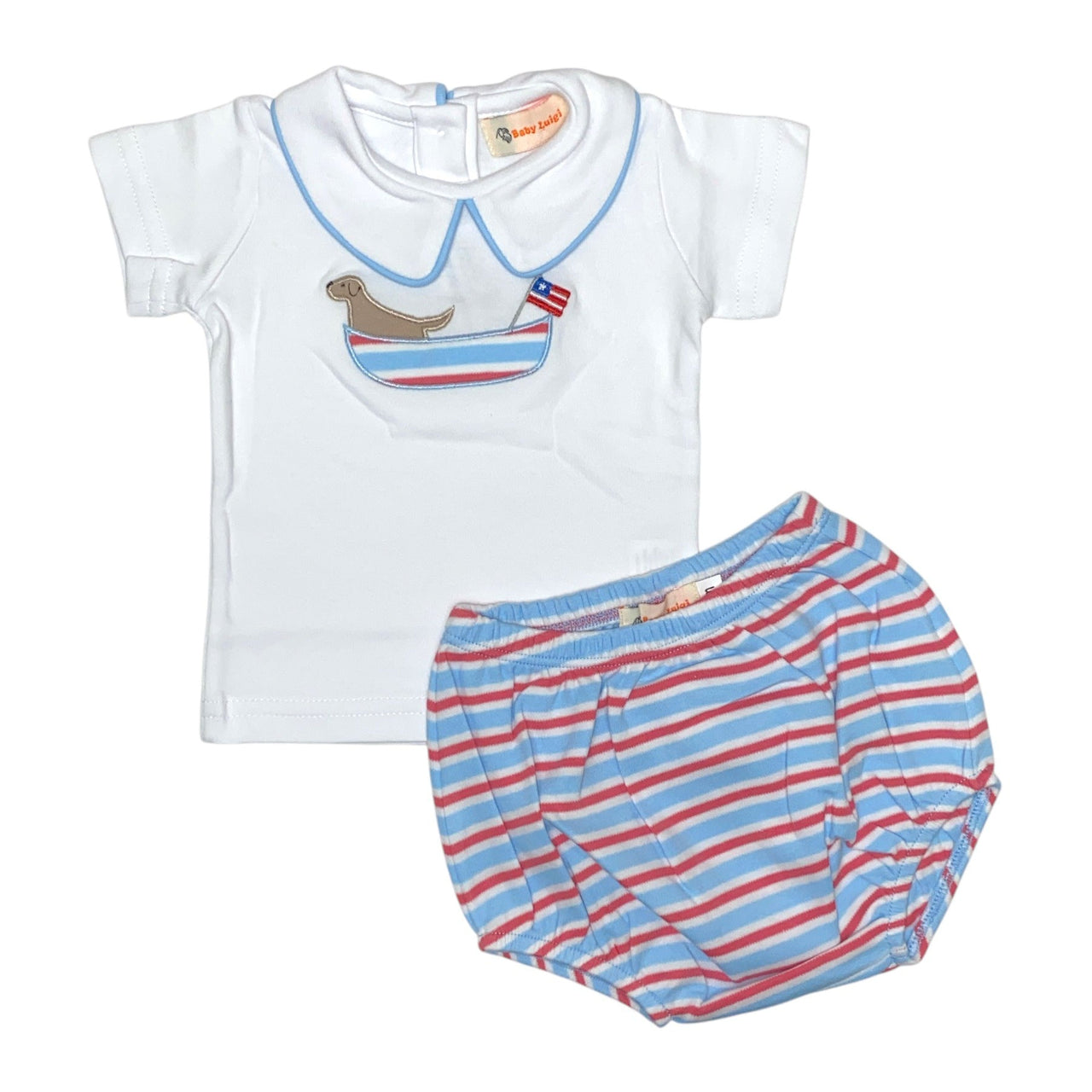 Luigi Boy S/S Lab W/Boat Shirt & N. Stripe Boy Diaper Cover White/Lt Sky Blue/Salmon 5201