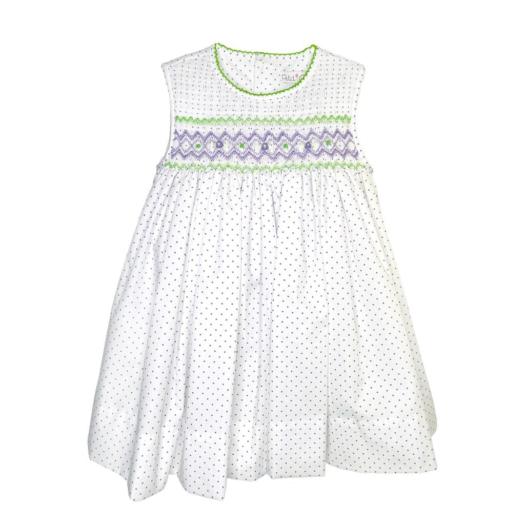 Petit Ami Dress/Bloomer Sleeveless W/SashWhite/Lavender Dot 3235 5212