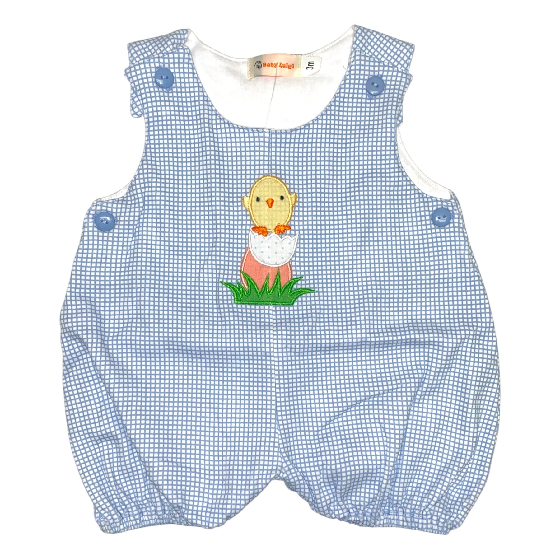 Luigi Lt Blue Gingham Bubble Romper Chick, Egg & Grass Appl 5202