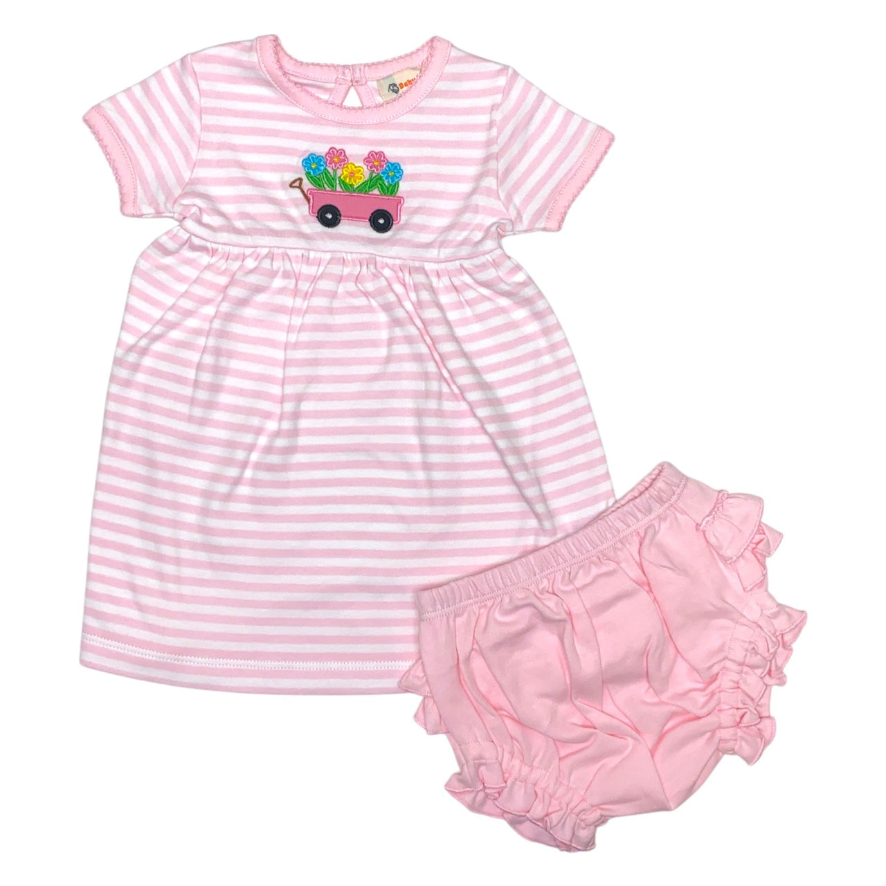 Luigi Light Pink & White Stripe Dress W/Wagon & Flowers Appl 5202