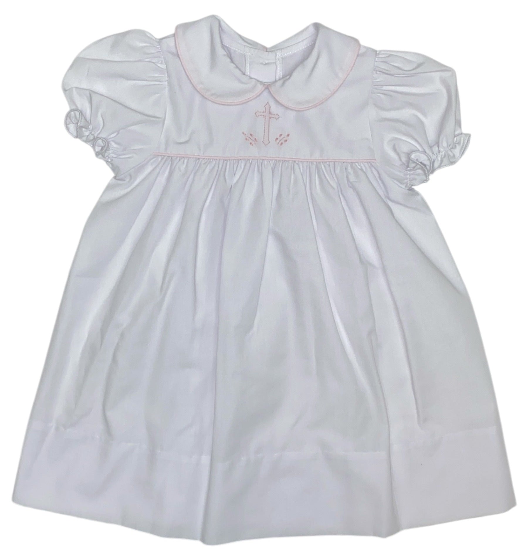 Auraluz White W/pink Binding Trim Dress W/Pink Shadow Emb Cross 223 5204