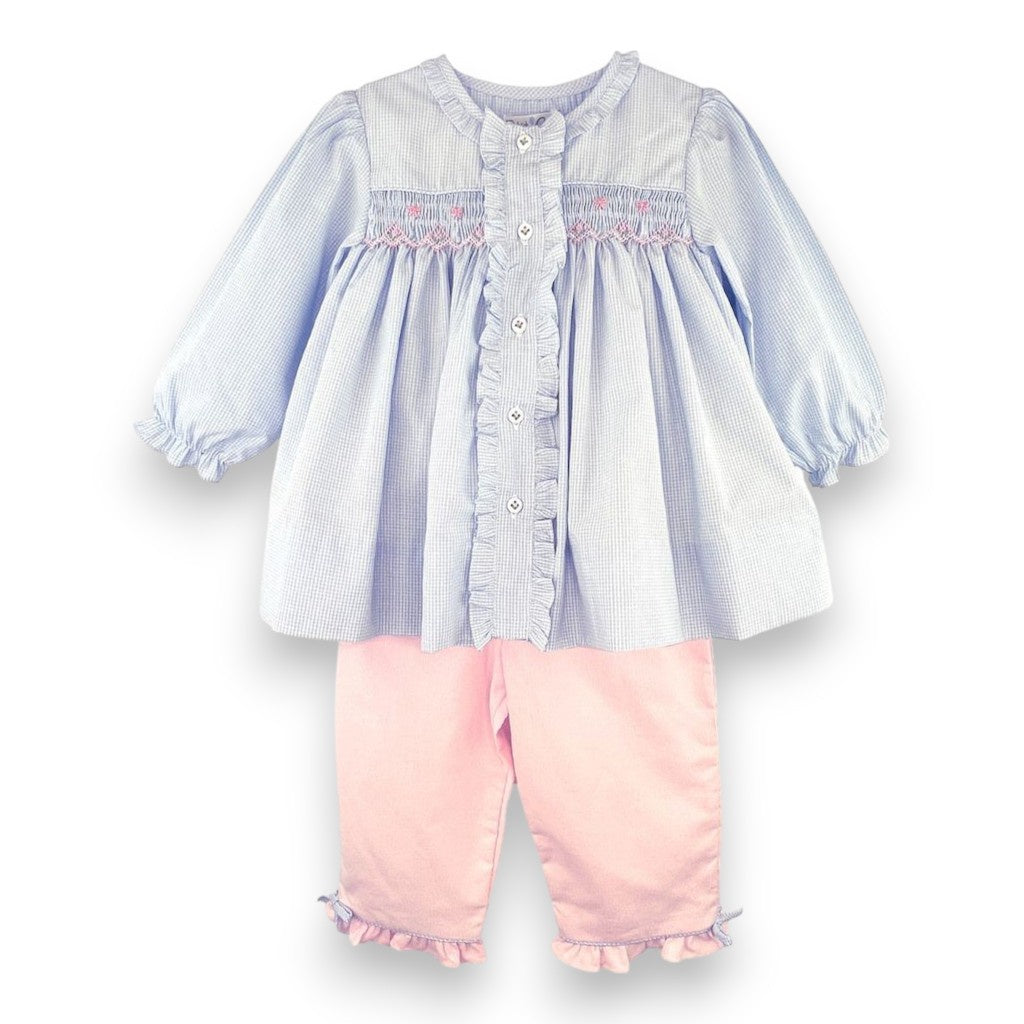 Petit Ami Blue Gingham/Pink Cord Pant Set W/Button Front & Smocking 3331/4331 5309