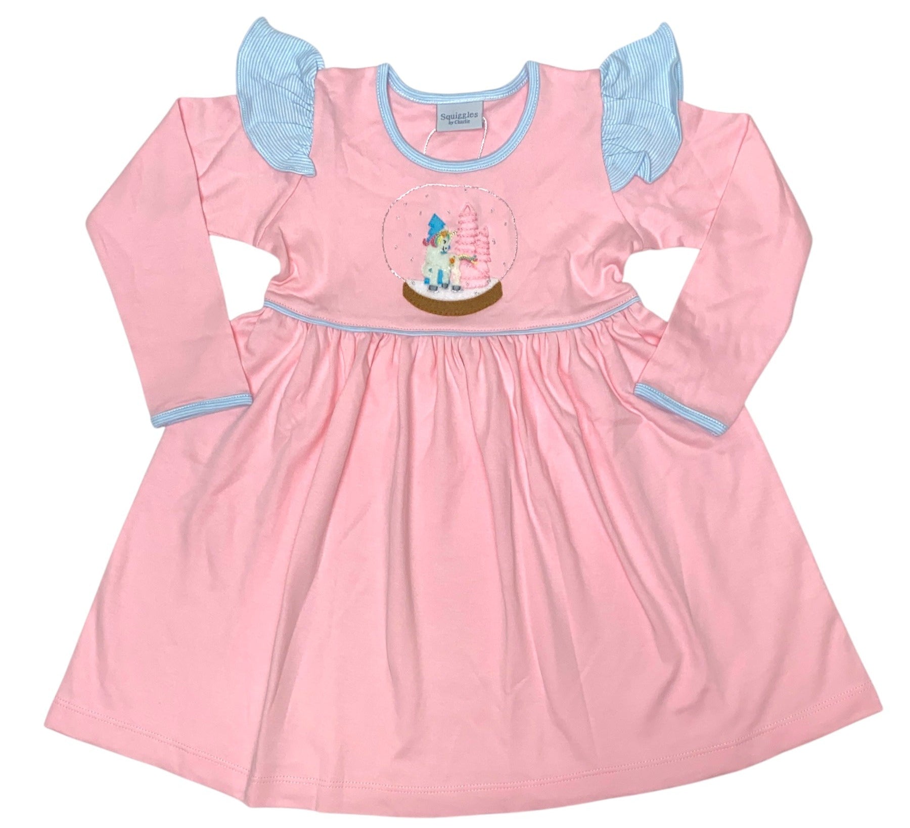 Squiggles Pink Dress W/ Unicorn Applique Blue/White Trim & Blue/White Stripe Ruffle 5207
