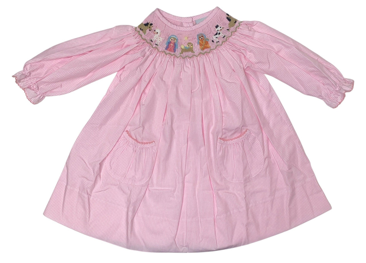 Delaney Girls LS Pink Small Gingham Smocked Nativity Bishop Dress DELF25-32 5207
