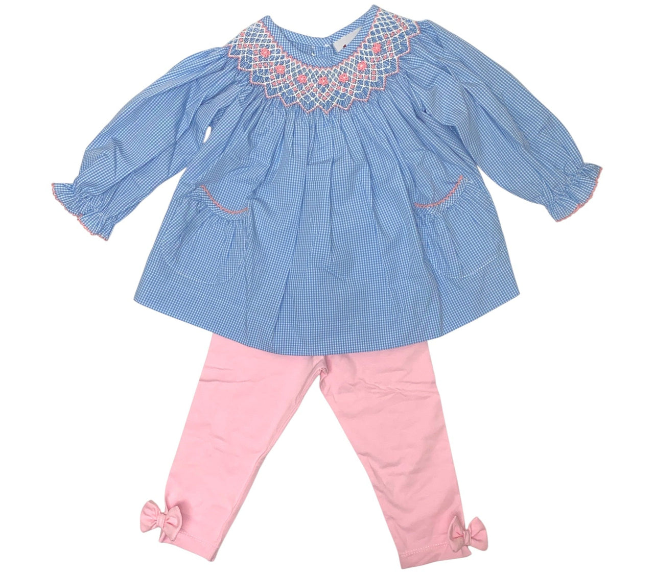 Delaney Girls Blue Gingham LS Smocked Tiny Flowers Bishop Legging Set DELF-93 5207
