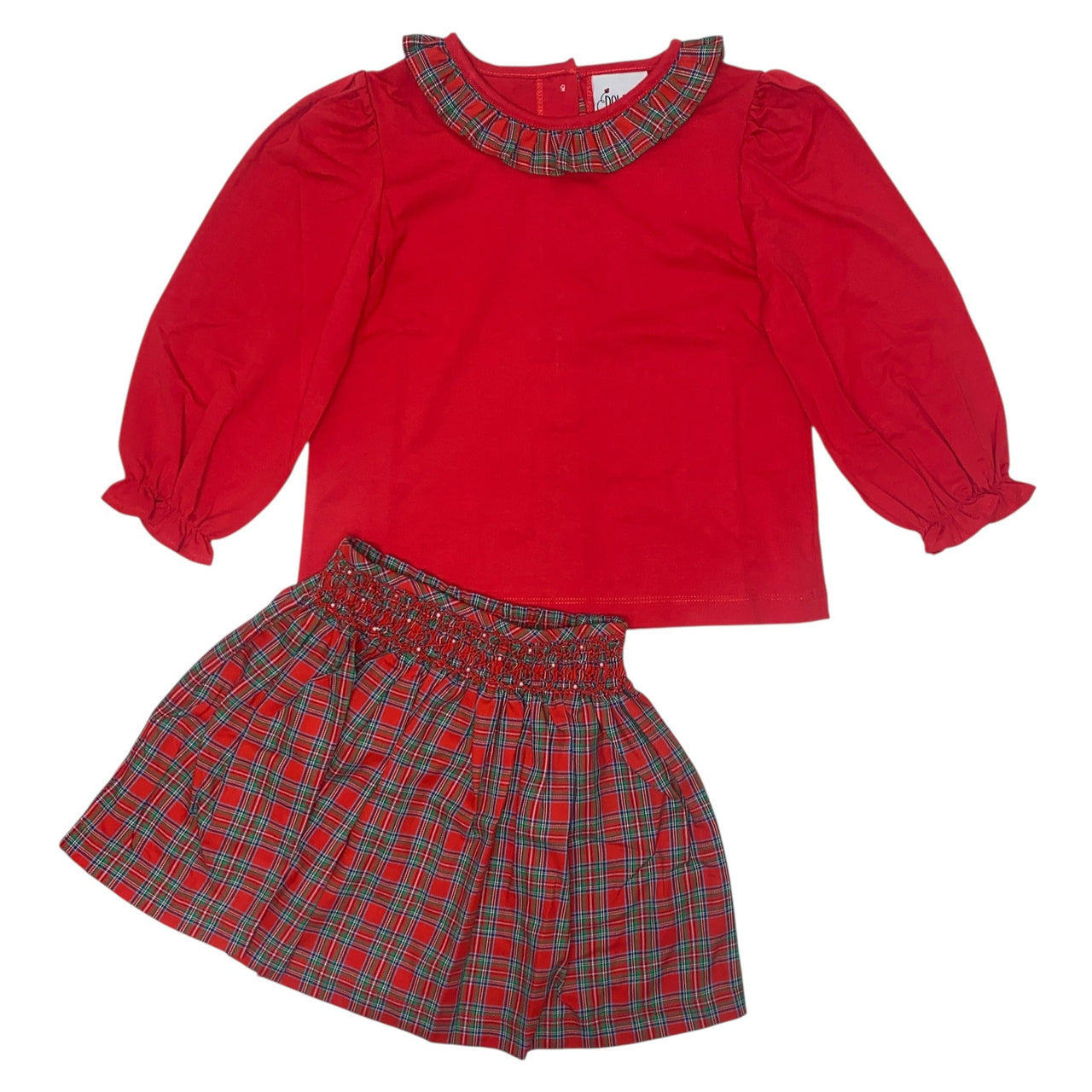 Delaney Girls Red Plaid Smocked Geo-Pearl Skirt/LS Red Knit Ruffle Top DEF25-115 5207