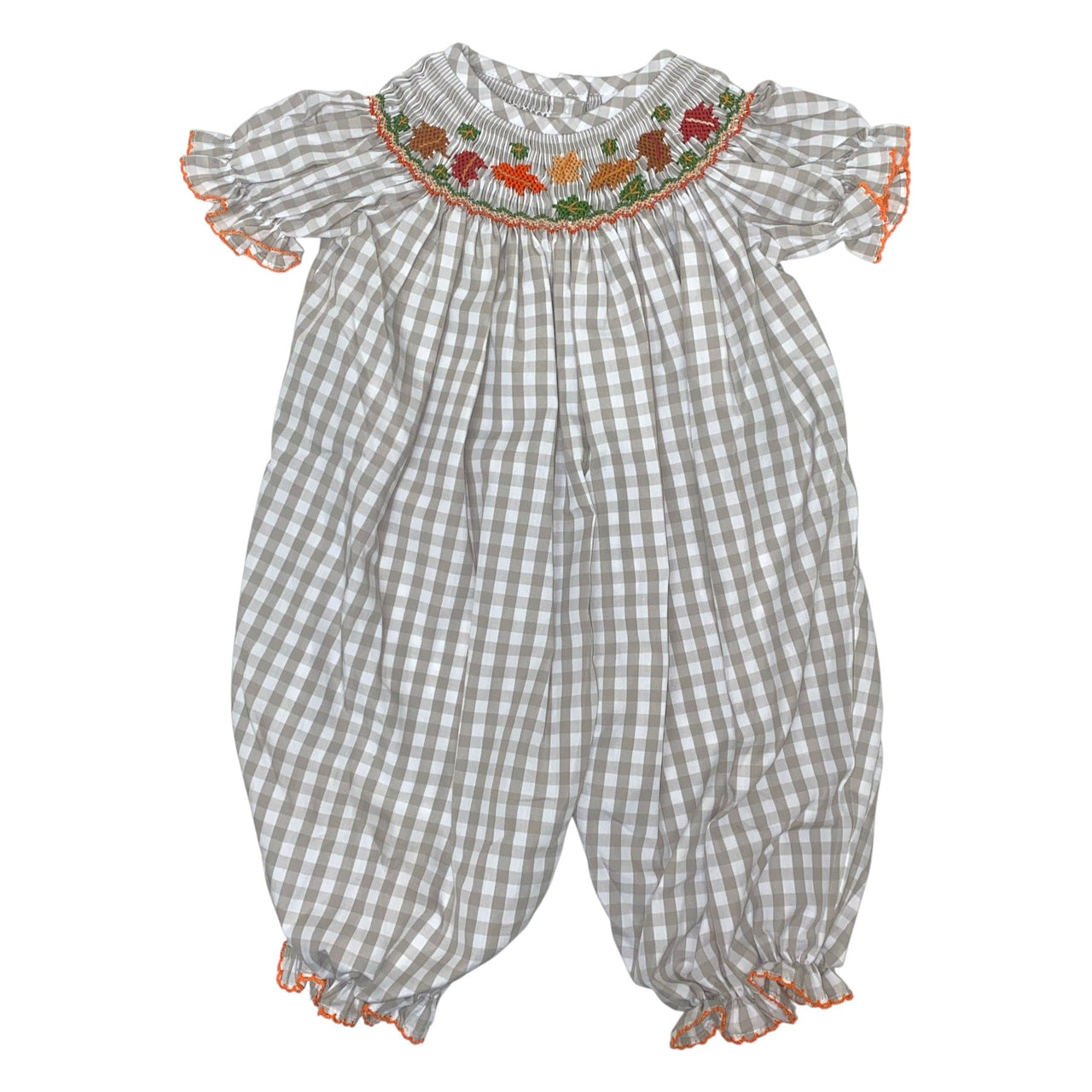 Delaney Girls Tan Gingham SS Smocked Fall Leaf Bishop Long Romper DELF-25-142 5207