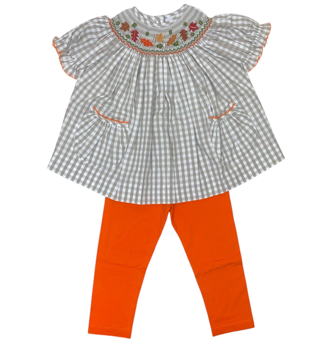 Delaney Girls Tan Gingham SS Smocked Fall Leaf Bishop Legging Set DELF25-143 5207