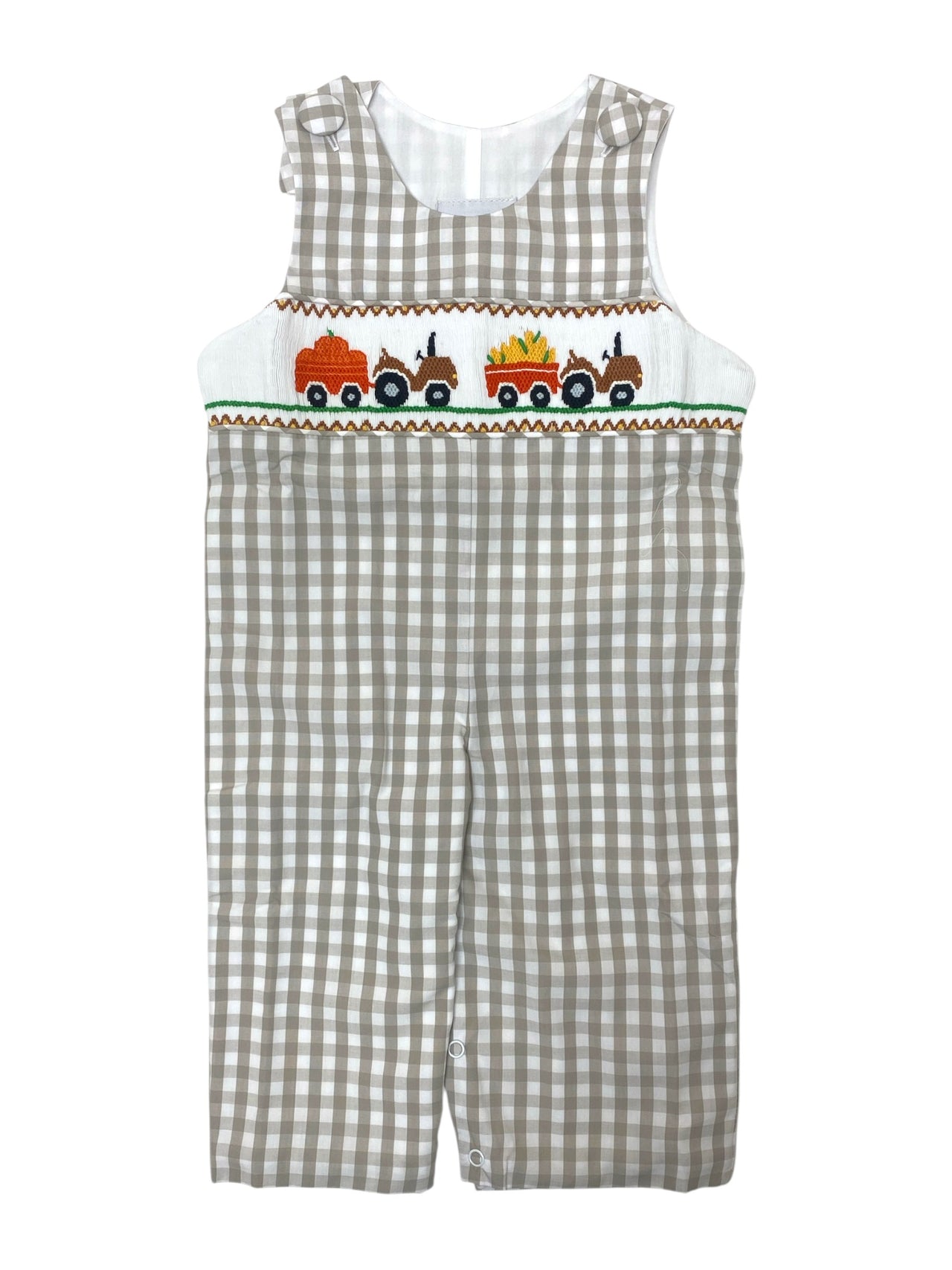 Delaney Boys Tan Gingham Smocked Field Tractor Long Jon Jon DELF-25-144 5207