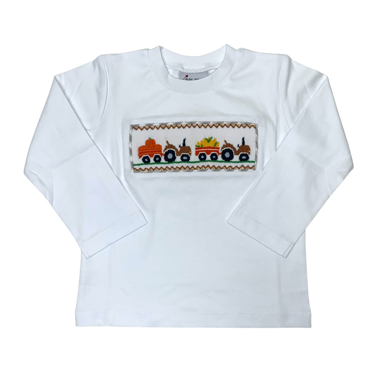 Delaney Boys White Knit Smocked Field Tractor Long Sleeve Shirt DELF-145 5207