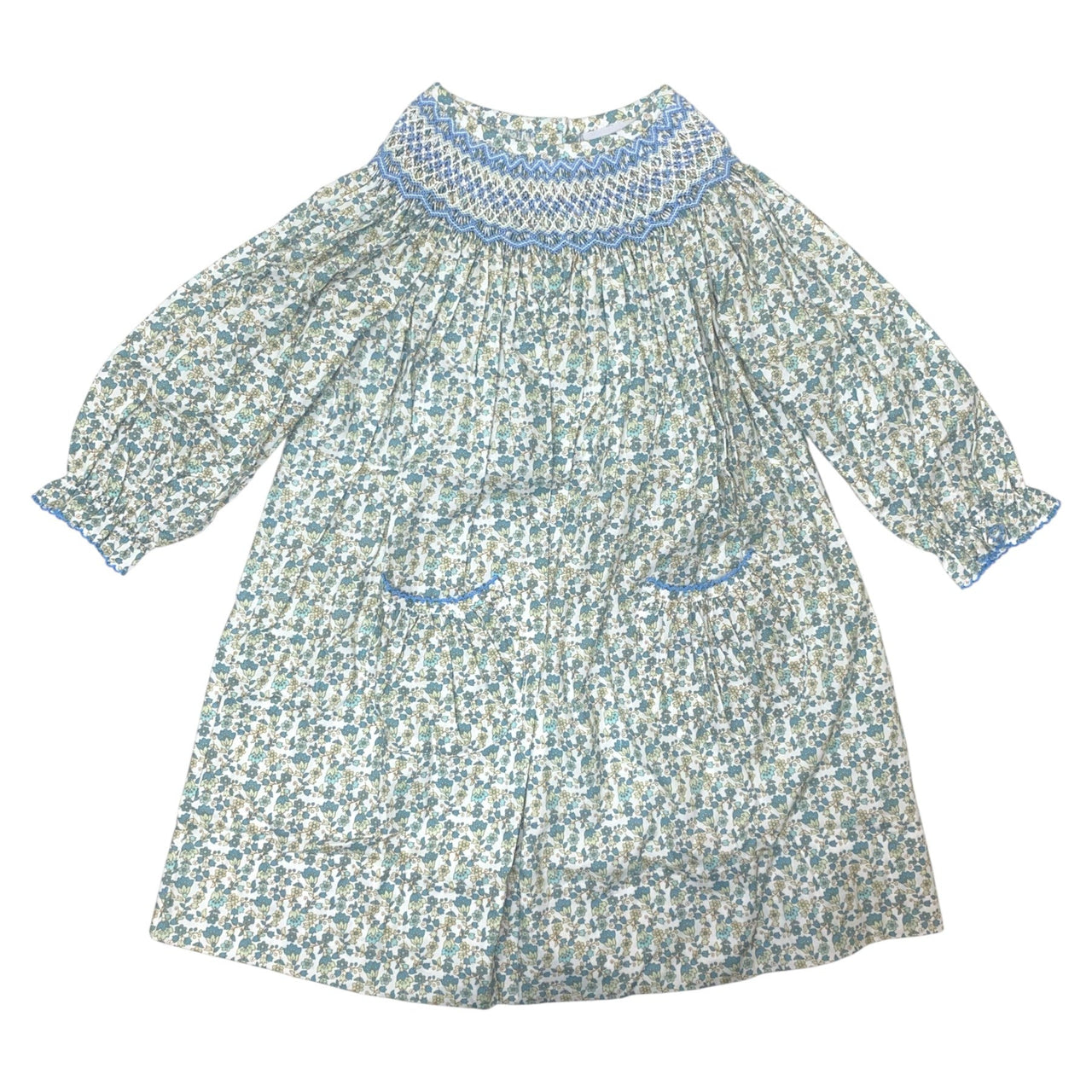 Delaney Girls Blue/Tan Mini Floral Smocked Geo Long Sleeve Bishop Dress DELF-156 5207