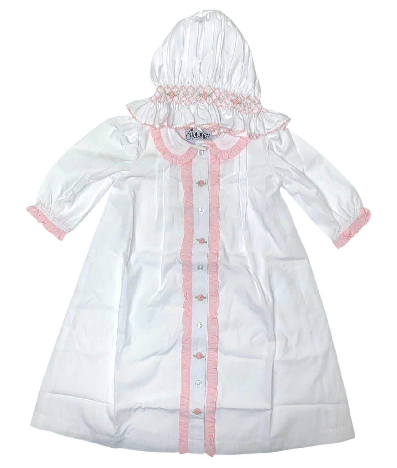 Delaney White Long Sleeve Pink Pleated Double Ruffle Rosette Daygown & Bonnet DELF25-L6 5207