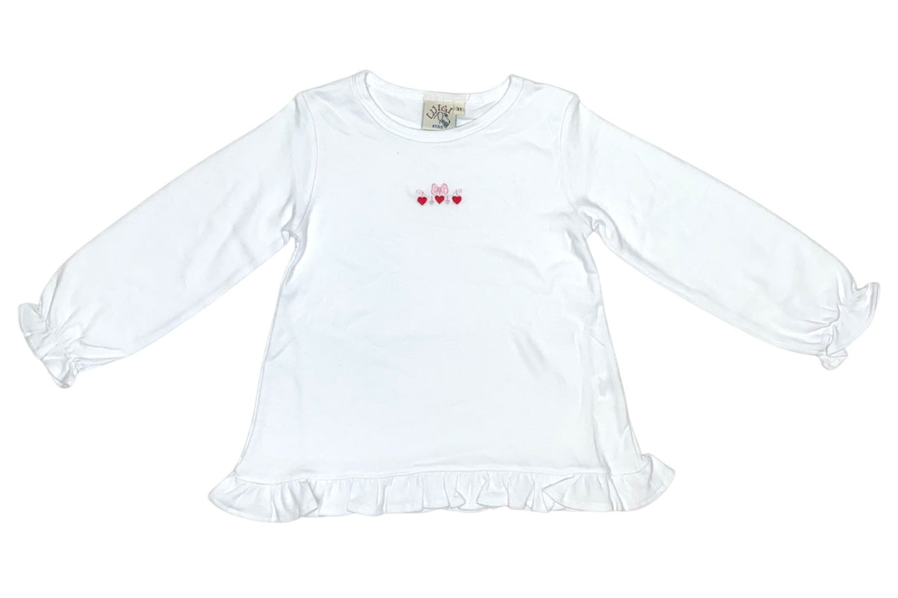 Luigi White L/S Swing Top W/Ruff Cuff & Bottom Red  Hearts W/Lt Pink Bows 5207