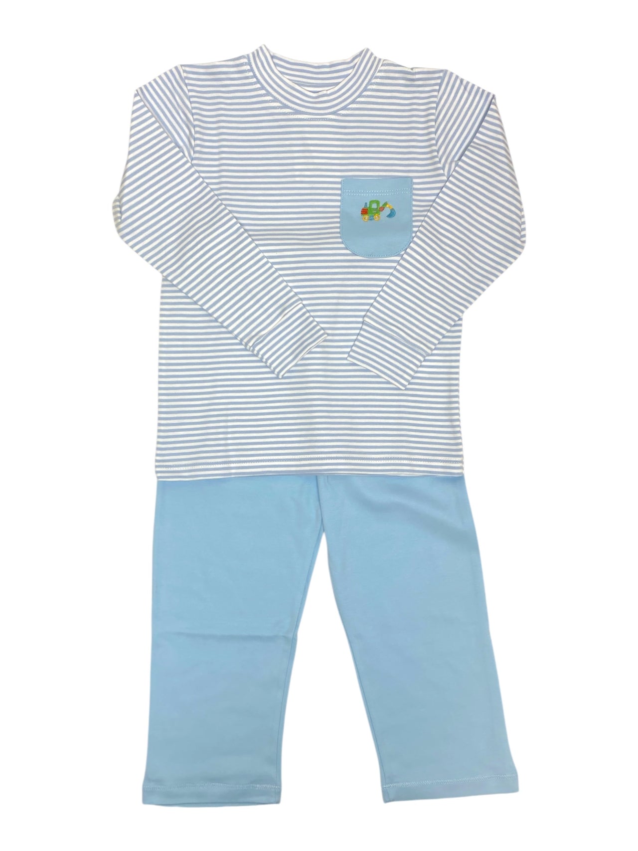 Squiggles Light Blue/White Stripe Shirt W/Front End Loader Embroidery & Light Blue Pants