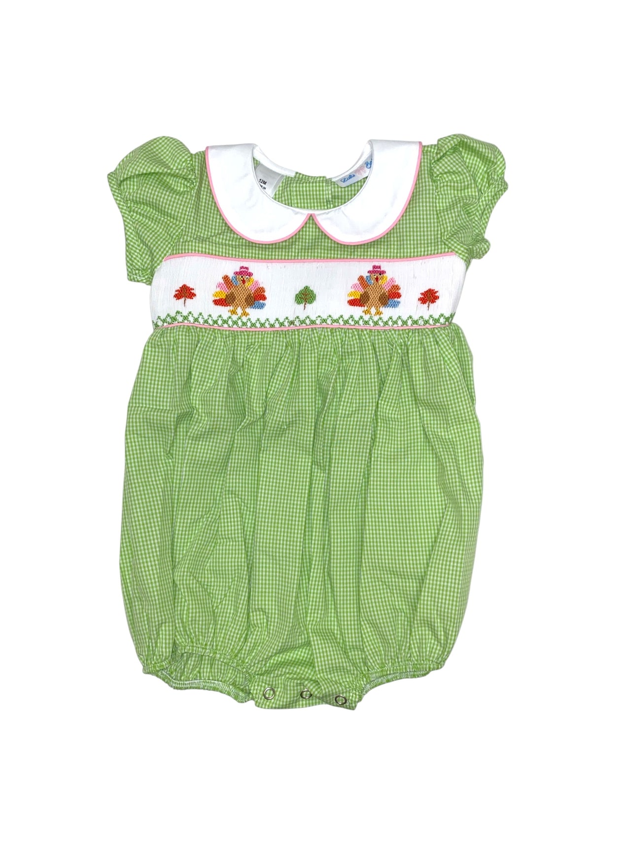 Lulu Bebe Girls Smocked Turkey Bubble Green Gingham/Pink Piping Rosie-9 5208
