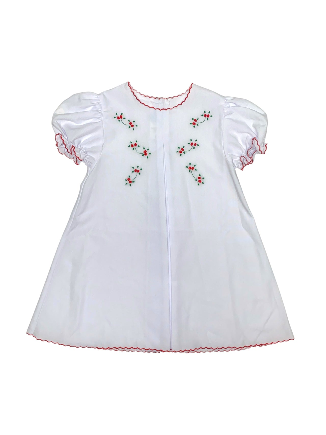Auraluz Baby Dress White W/red Scallop Trim Puff Sleeves Red Bullion Roses 226 5209