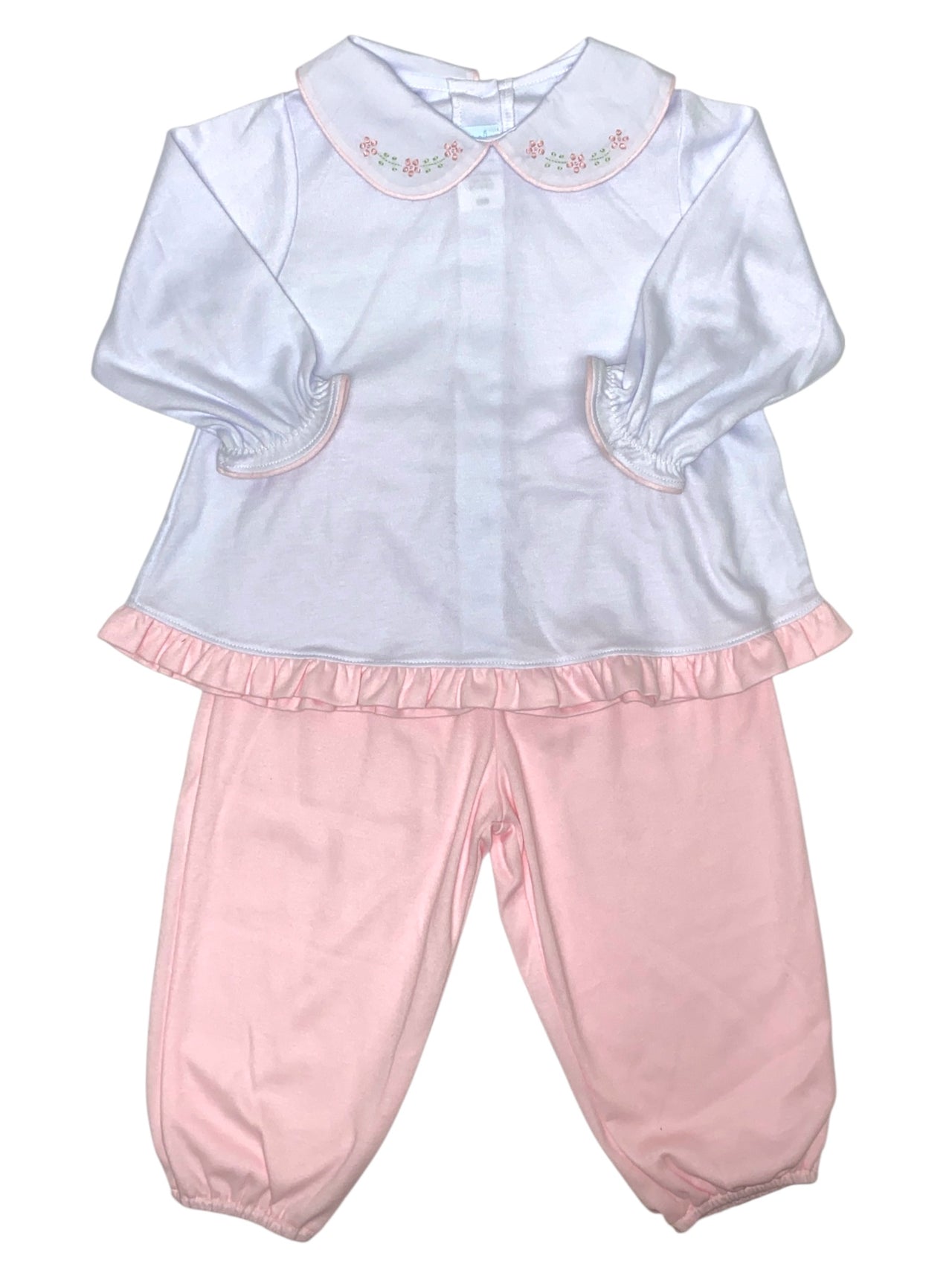 Auraluz White/Pink 2pc Long Sleeve Shirt W/Floral Emb on Collar & Pink Knit Pants 6856 5209
