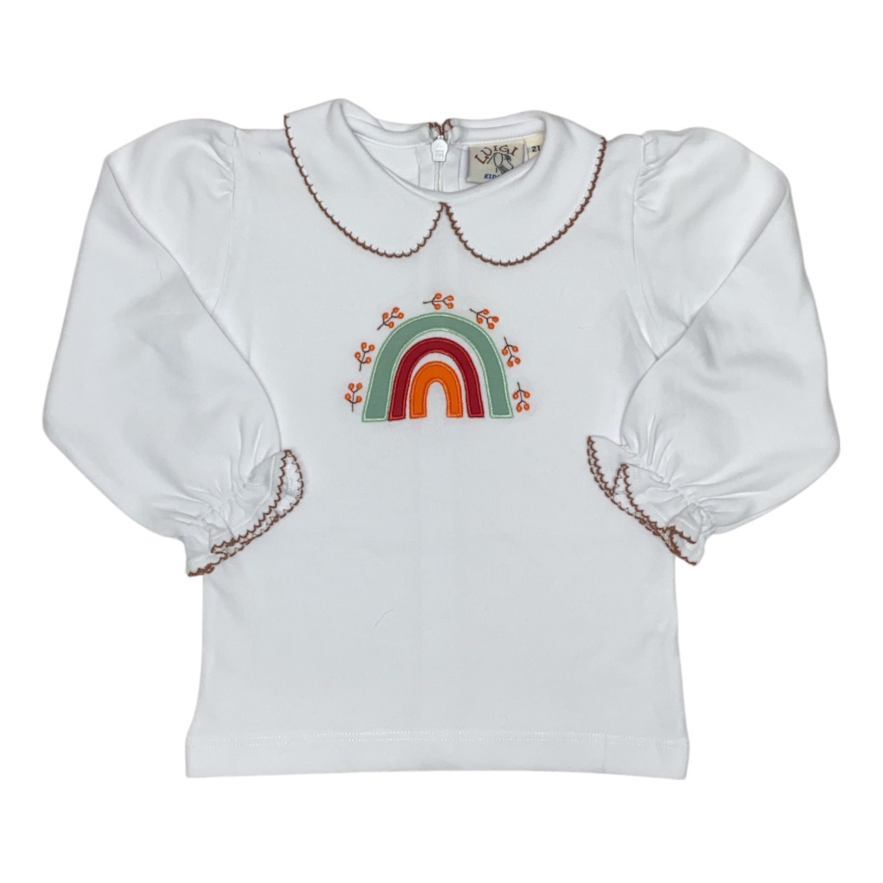 Luigi White Peter Pan Collar Shirt W/ Brown Stitching & Rainbow Applique 5210