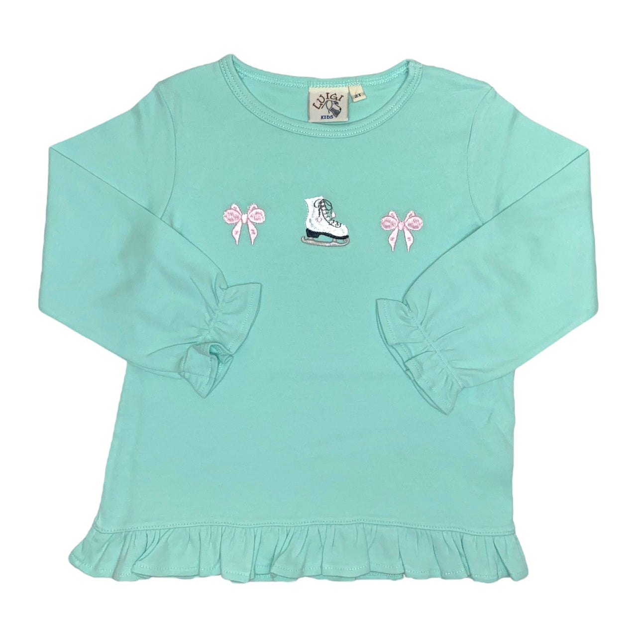 Luigi Lt Jade L/S Ruffle Swing Top W/Pink Bows & Ice Skate Applique 5210