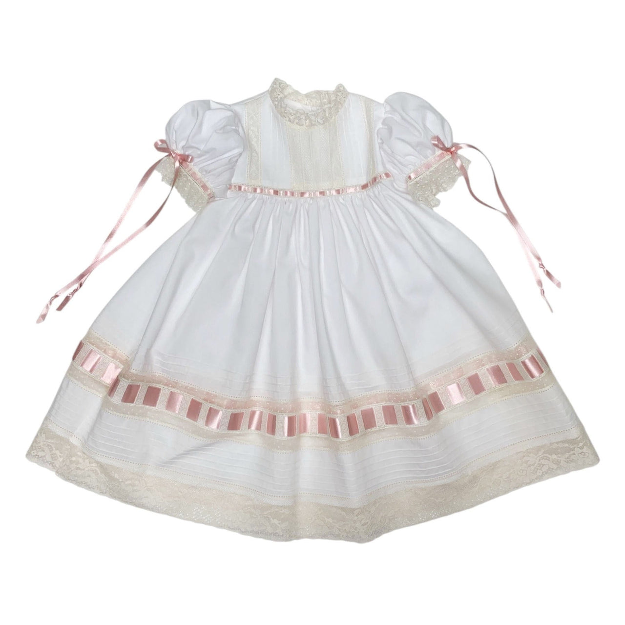 Treasured Memories White Dress W/Ecru Lace Pink Ribbon S2694 5212