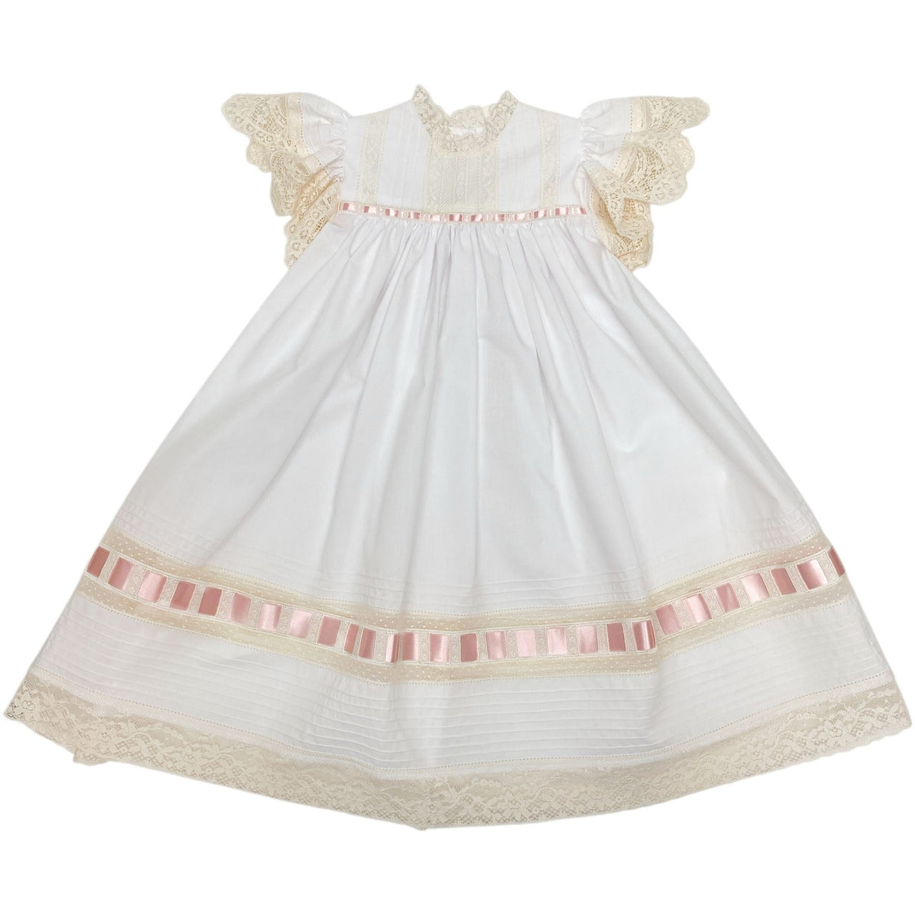 Treasured Memories White Dress W/Ecru Lace Pink Ribbon S2694 5212