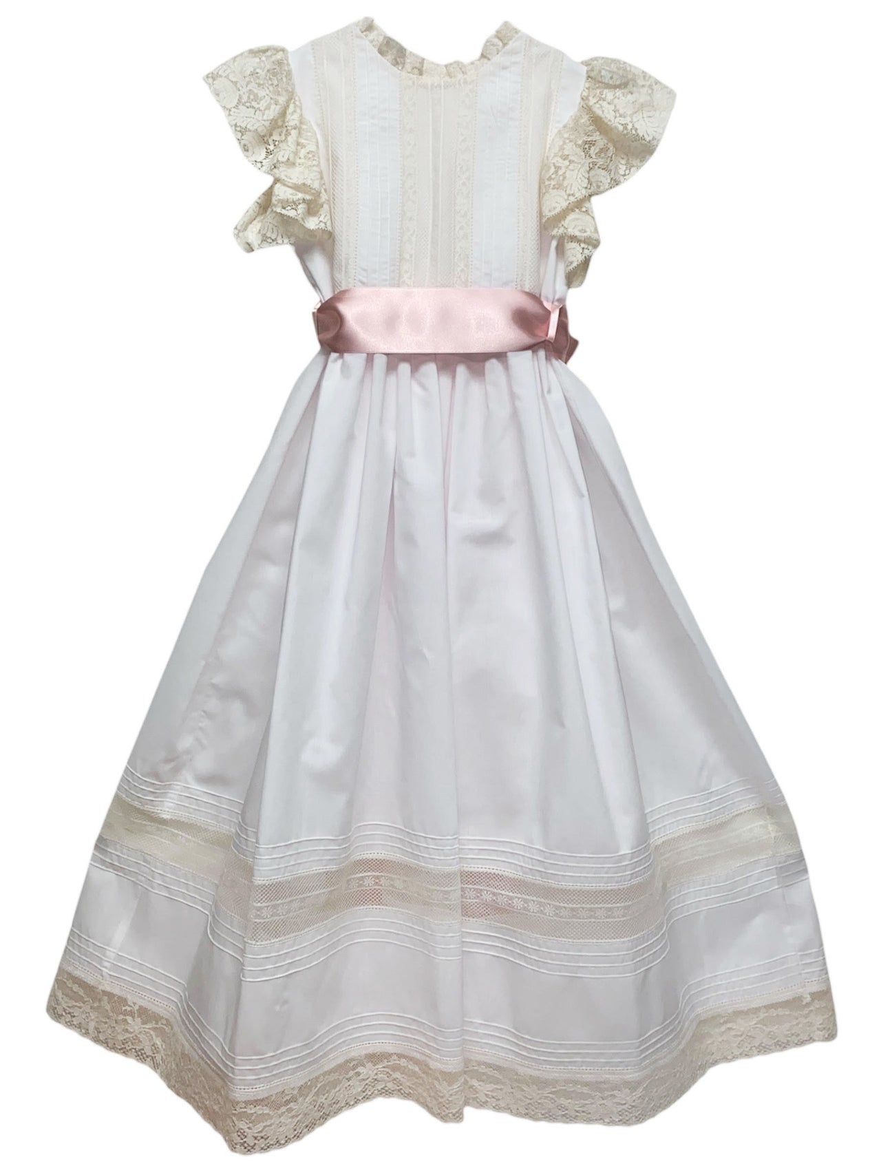 Treasured Memories White Dress W/Ecru Lace Insertion & Tucks Bodice and Pink Satin Ribbon Tie at Waist 5011 5212