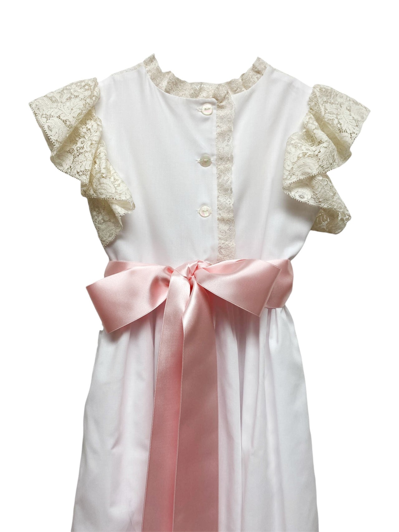 Treasured Memories White Dress W/Ecru Lace Insertion & Tucks Bodice and Pink Satin Ribbon Tie at Waist 5011 5212