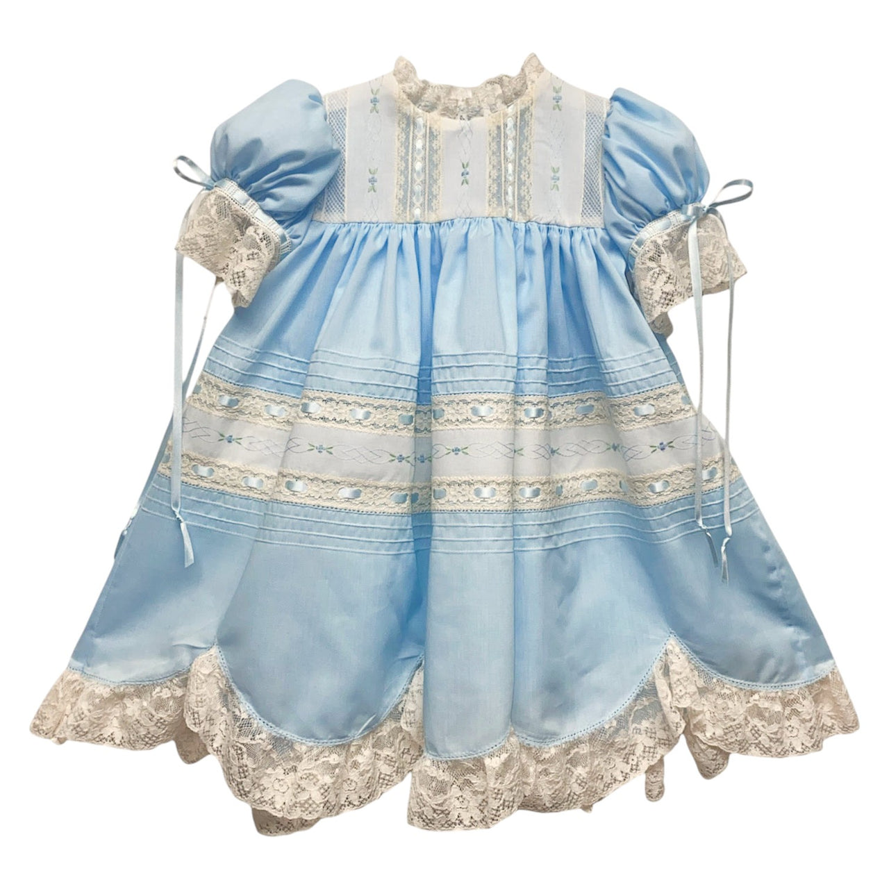 Treasured Memories Blue Dress W/Ecru Lace & Insertion Lace Sleeves ( 0n sizes 2t & above) & Blue Ribbon S2695 5212