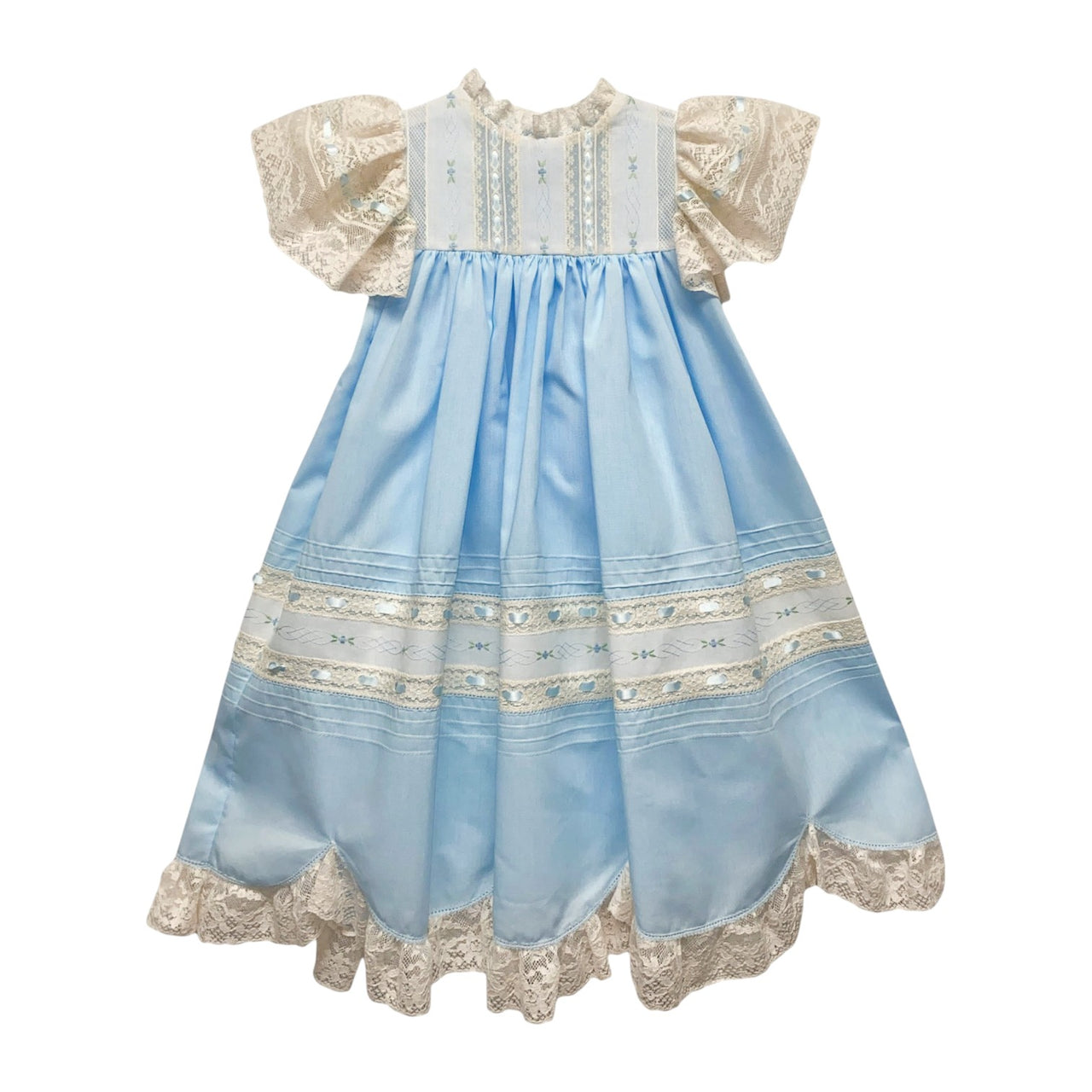 Treasured Memories Blue Dress W/Ecru Lace & Insertion Lace Sleeves ( 0n sizes 2t & above) & Blue Ribbon S2695 5212