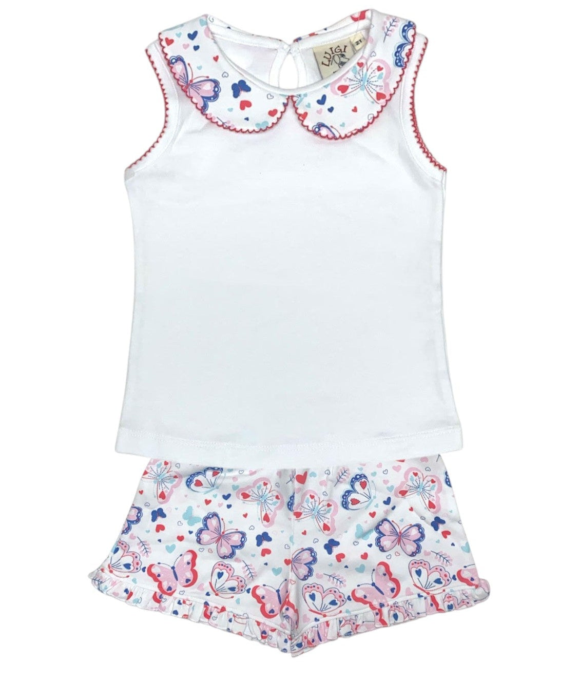 Luigi White Sleeveless Top W/Butterfly/Heart  Print Collar & Butterfly/Heart  Print Shorts 5301