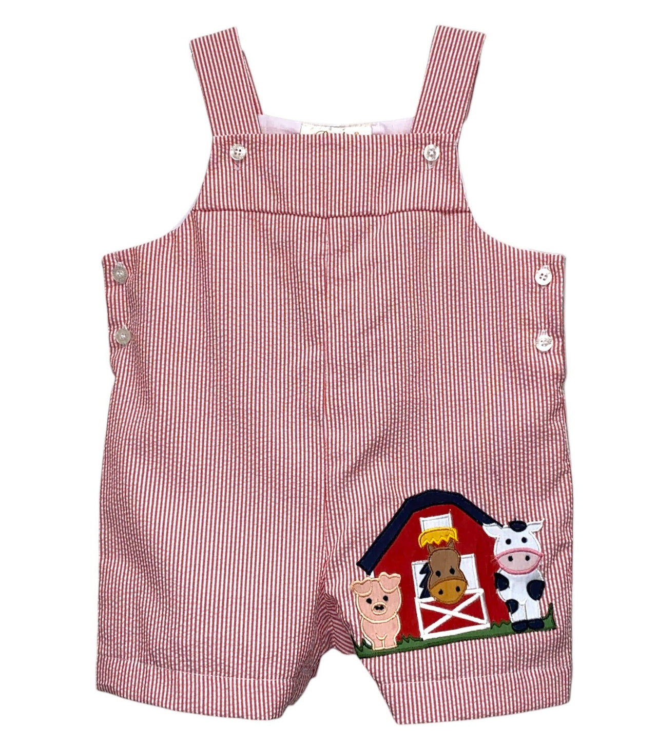 Rosalina Seersucker Barn Applique Romper Red/White10024R 5301