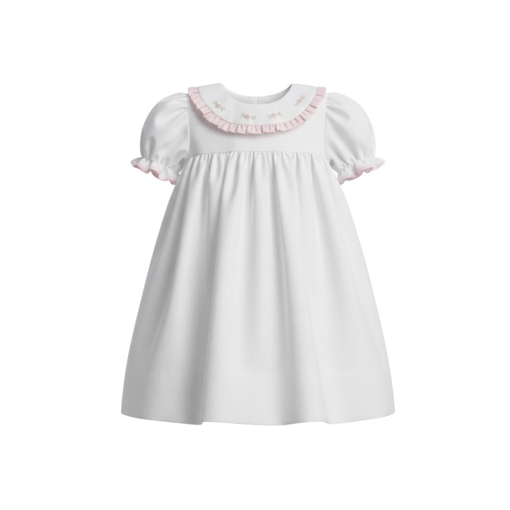Auraluz White Pique Dress W/Pink Ruffle & Floral Emb 2236 5301
