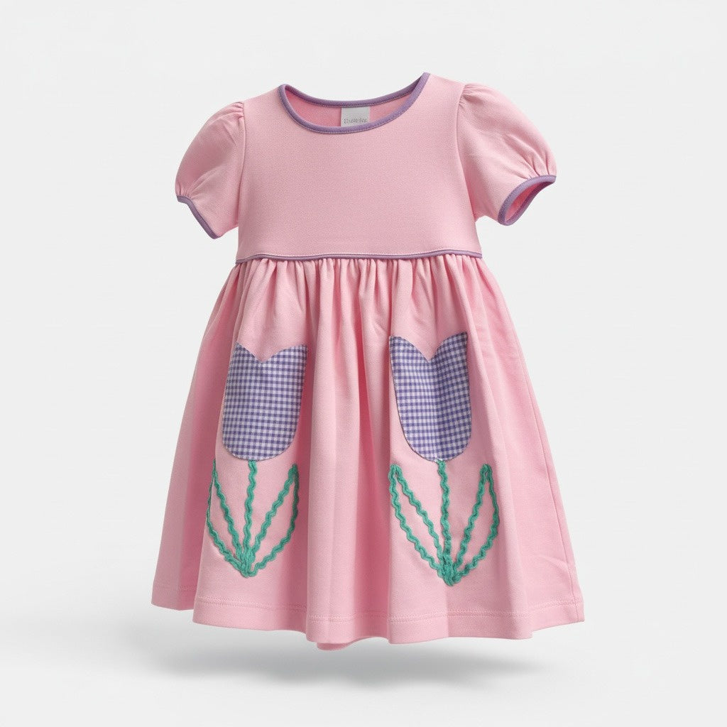 Squiggles Pink Dress W/Lavender Gingham Tulip Pockets 279/04 5301