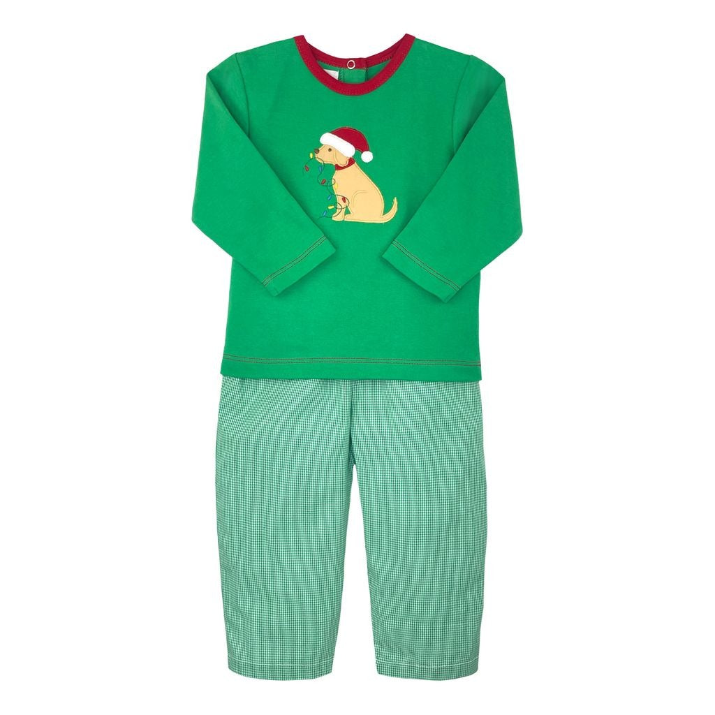 Petit Ami Top/Pant Set W/Christmas Dog App Green/Green Gingham 3876/4876 5208