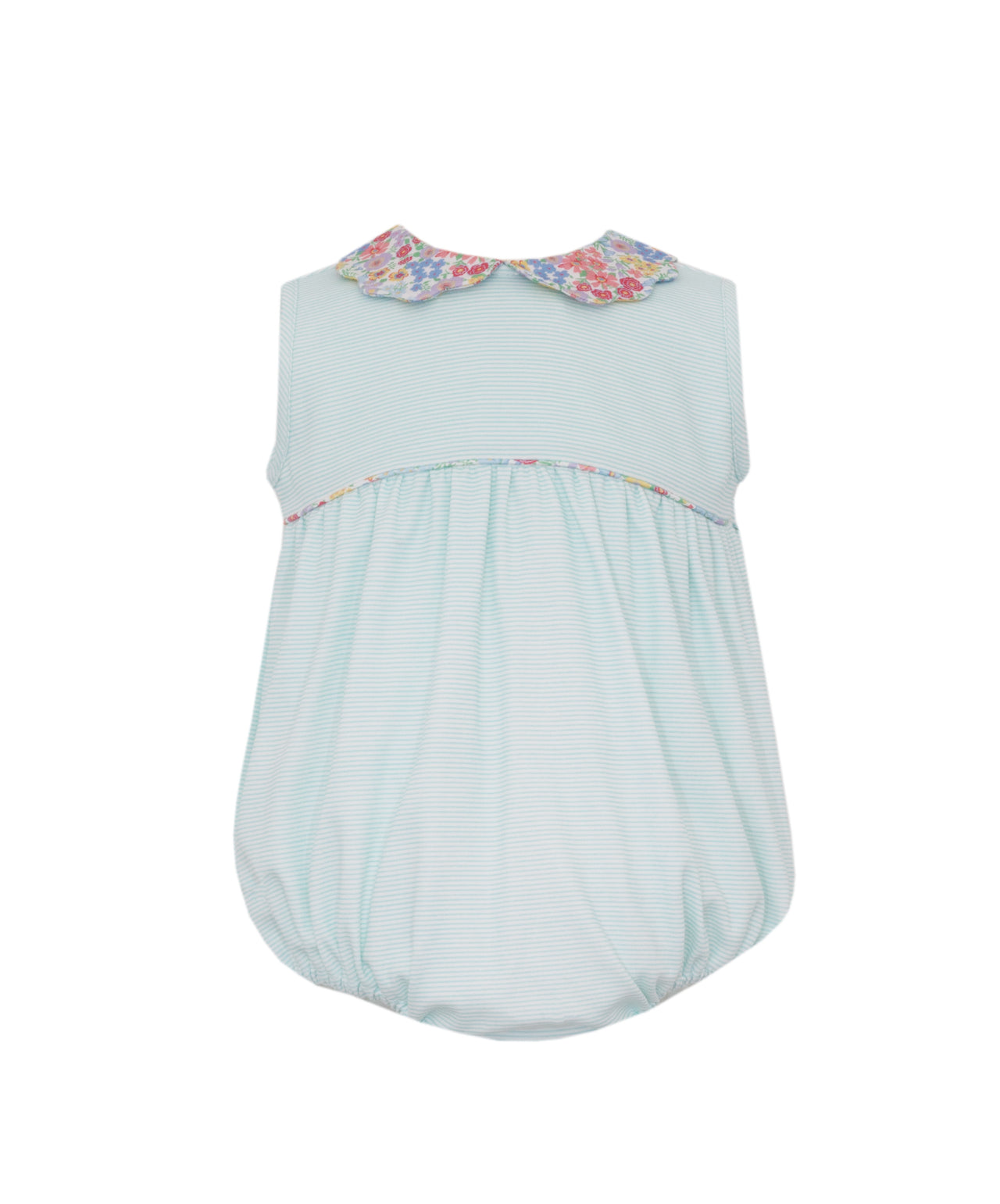 Petit Bebe Aqua Knit Stripe Sleeveless Girl's Bubble W/Scalloped Collar W/Multi Floral Trim 419F-MS26 5301