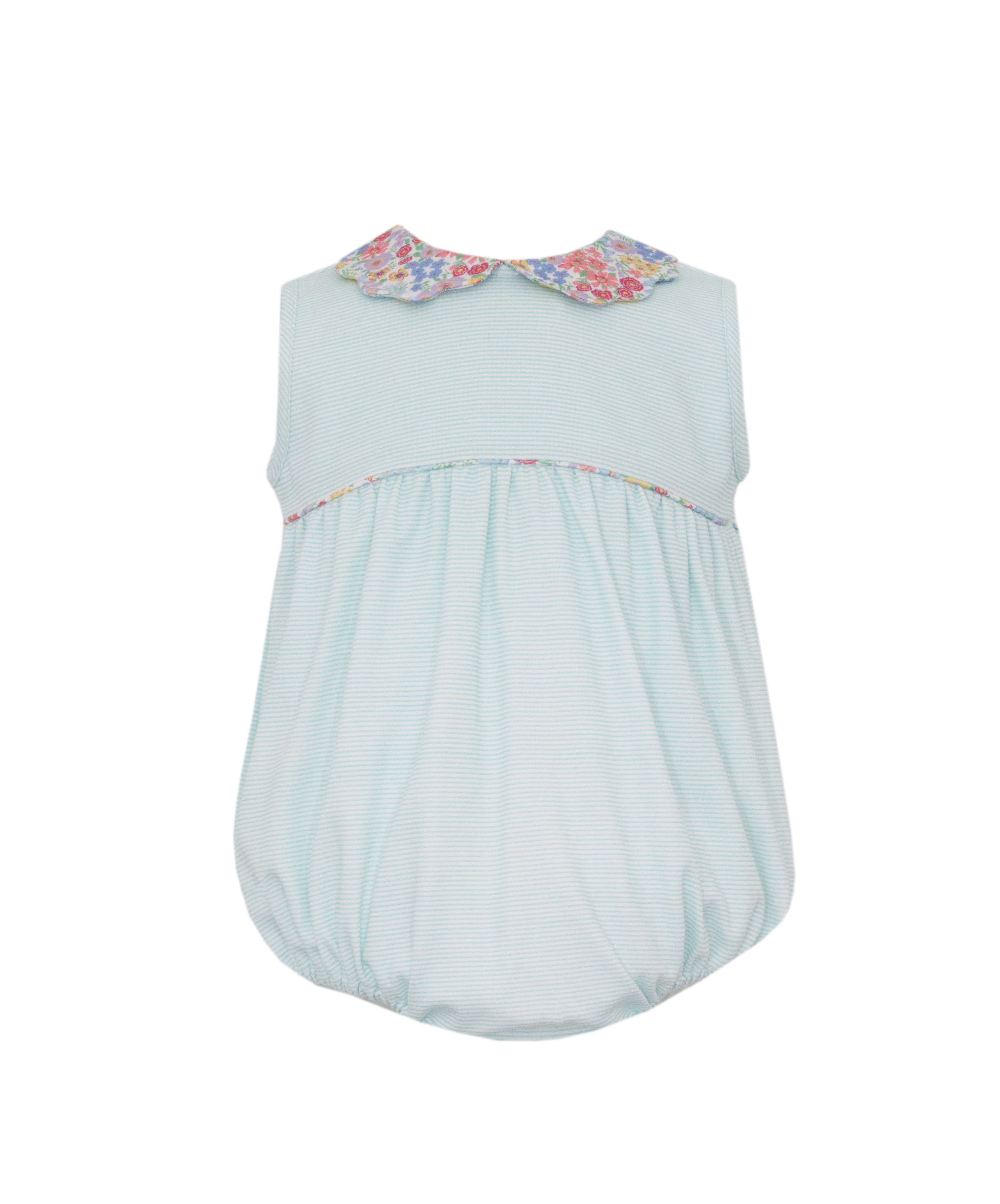 Petit Bebe Aqua Knit Stripe Sleeveless Girl's Bubble W/Scalloped Collar W/Multi Floral Trim 419F-MS26 5301