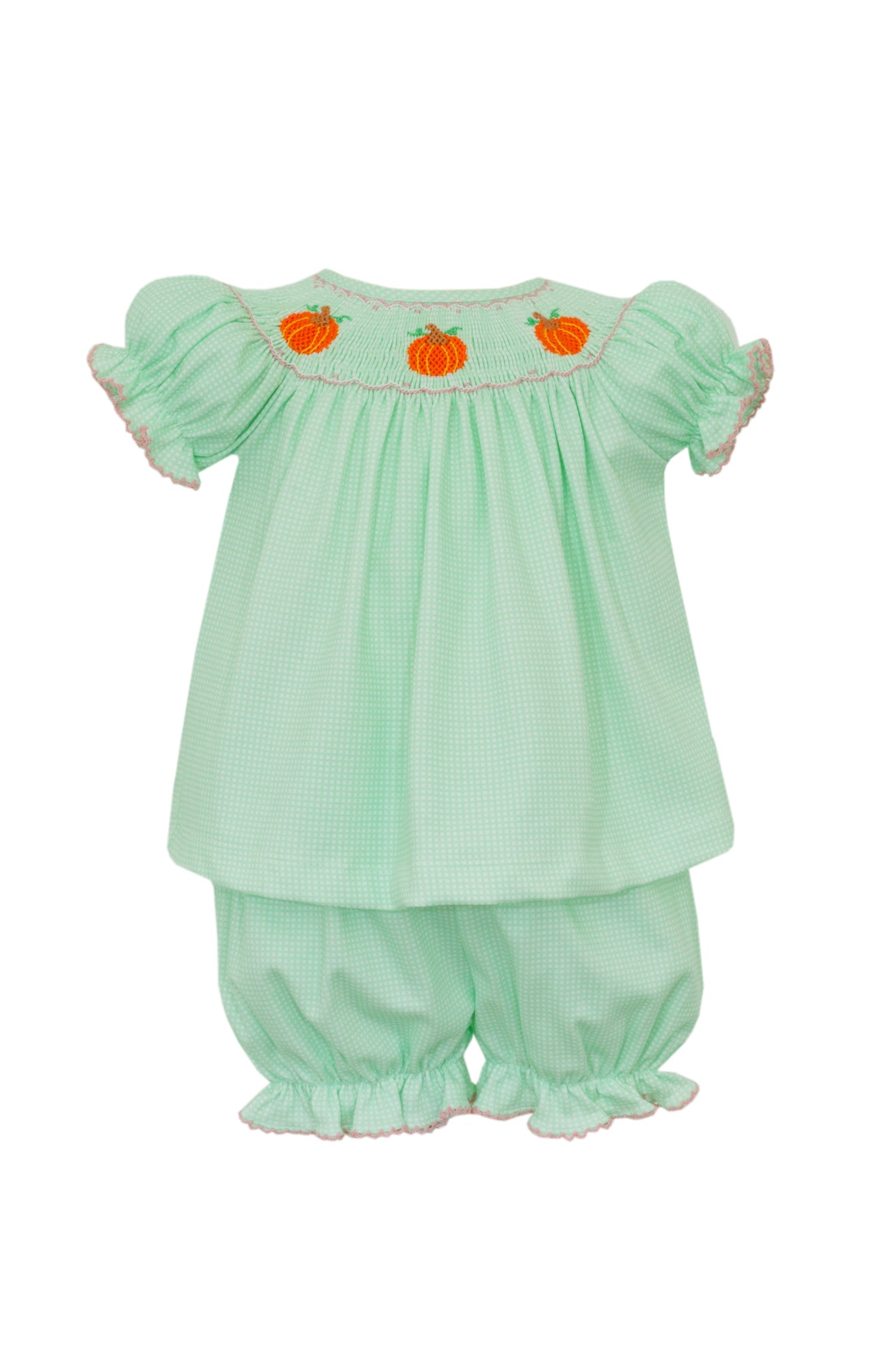 Petit Bebe Pumpkin Green Check Knit Bishop Bloomer Set 424C-MF24 5108