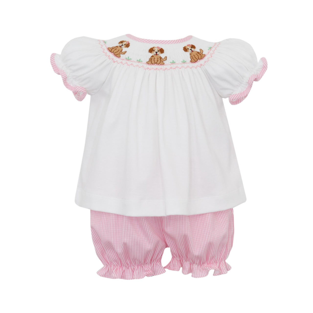 Petit Bebe Puppies Girl's Pink Knit Check Bishop Bloomer Set W/White Knit top S/S 433C-MF25 5206