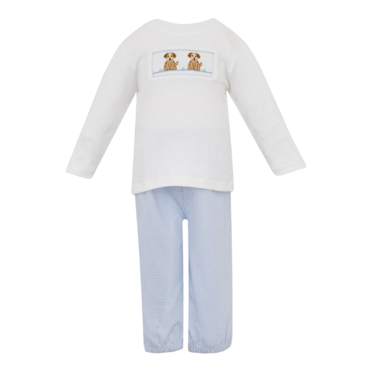 Petit Bebe Puppies Boy's Blue knit Check Boy's Pant Set W/White Knit T-Shirt L/S 433M2-MF25 5206