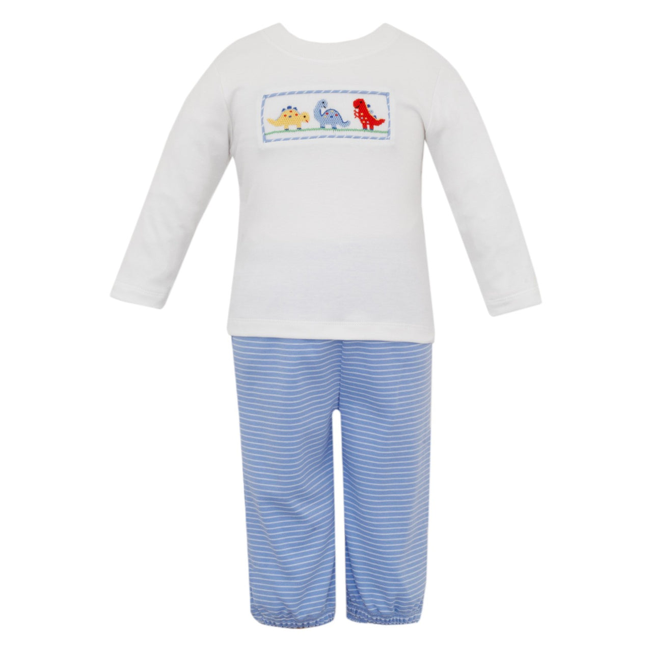 Petit Bebe Dinosaurs Blue Knit Stripe Boy's Pant Set W/White Knit T-Shirt L/S 436M2-MF25 5207