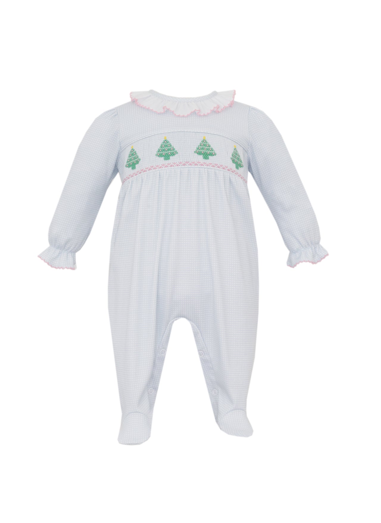 Petit Bebe X'Mas Tree Girl's Blue Check Knit Girl's Long Footie L/S W/Feet 446G-MH25 5210
