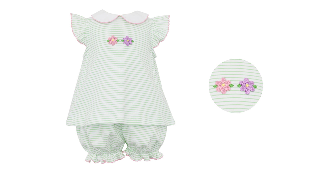 Petit Bebe Flowers Green knit Stripe Girl's Bloomer Set 453C-MS25 5202