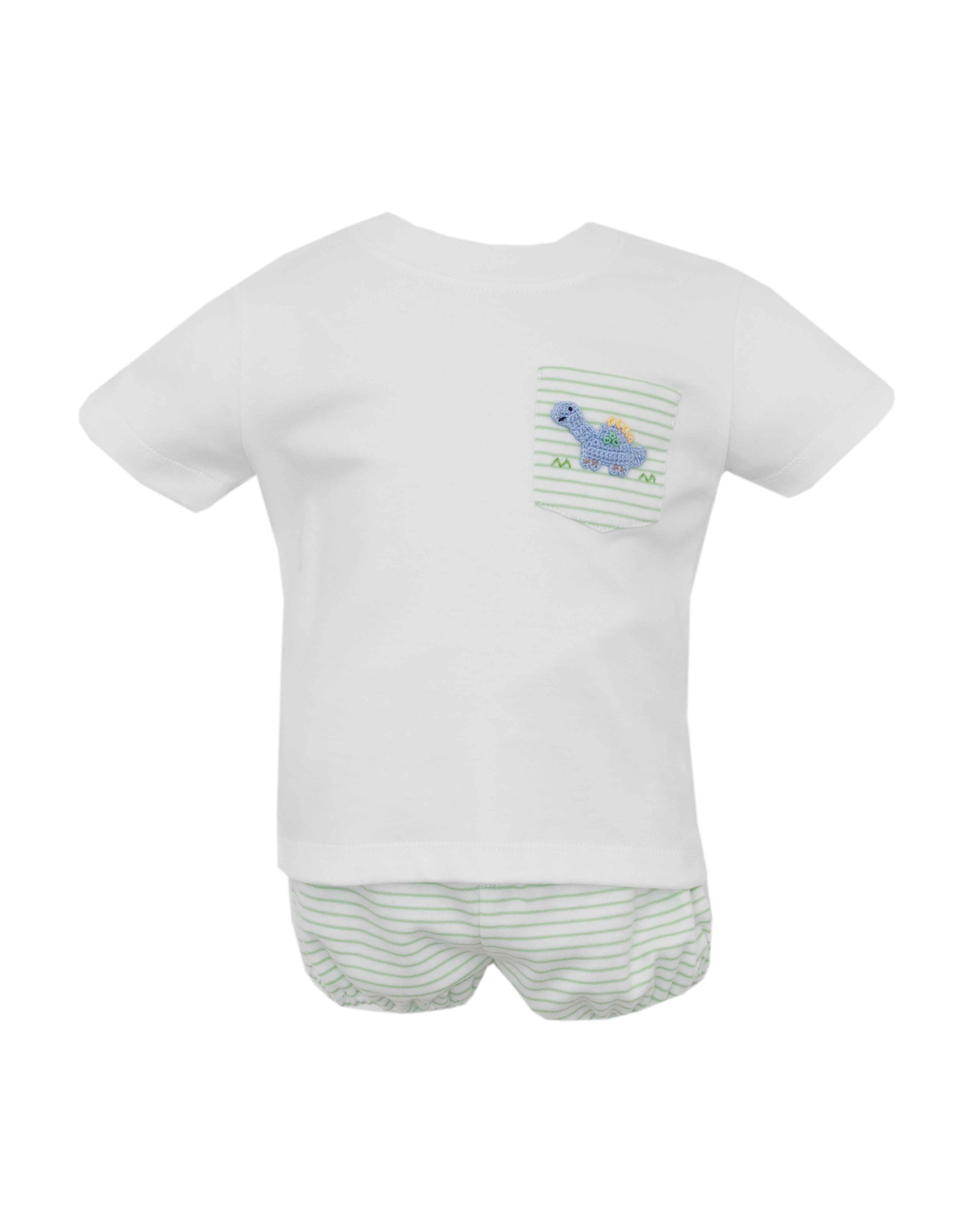 Petit Bebe Dinos Green Knit Stripe Boy's White T-Shirt & Diaper Set 457M-MS26 5301