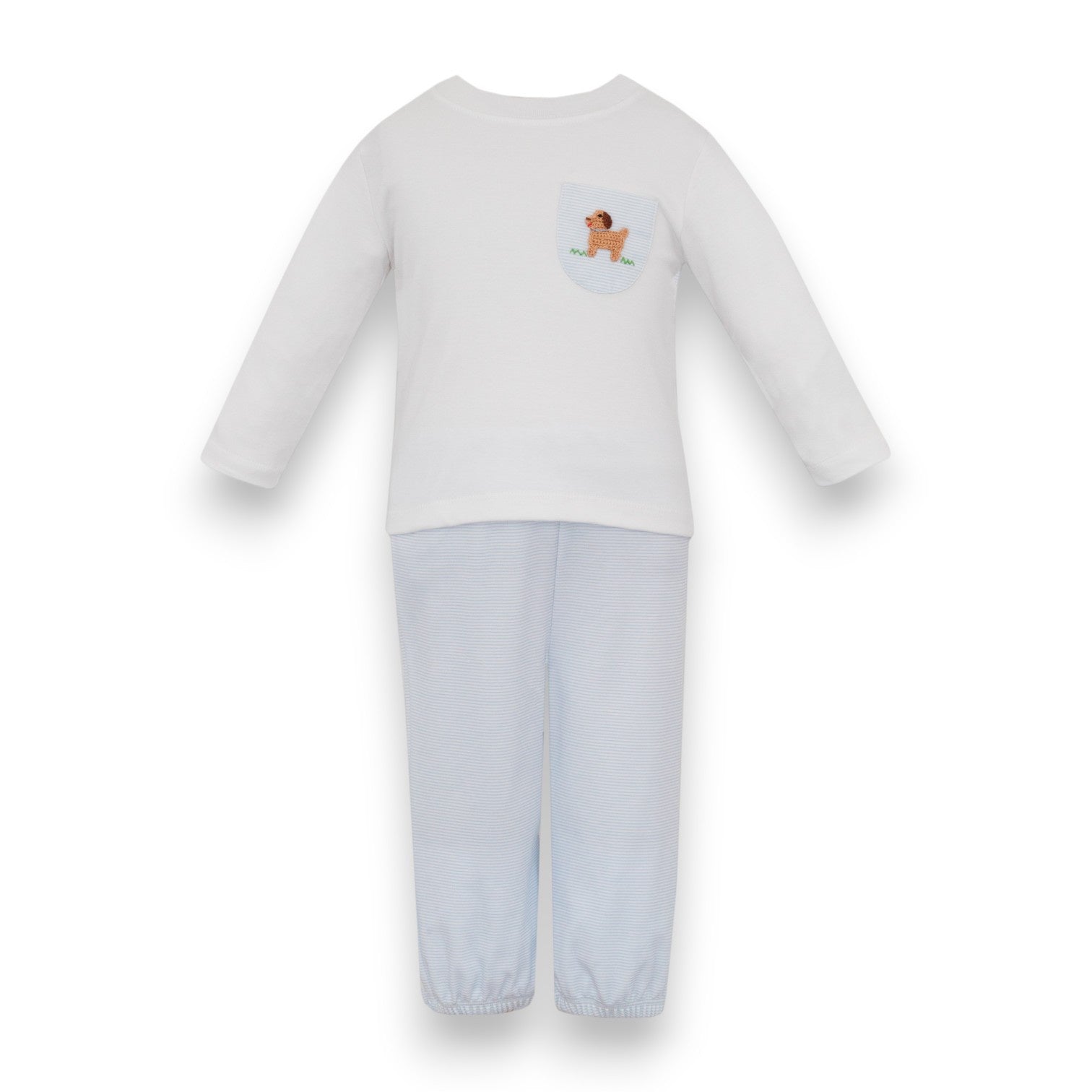 Petit Bebe Puppies Boy's Lt Blue Knit Stripe Boy's Pant Set L/S W/White Knit T-Shirt L/S 463M2-MF26 5307